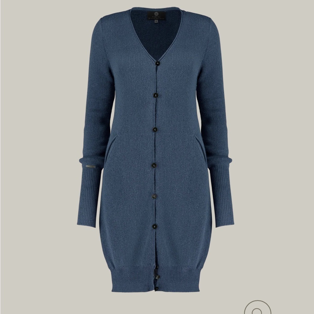 Carina Hildebrandt Blue 100% Baby Alpaca Wool Longfield Cardigan Size 12-14
